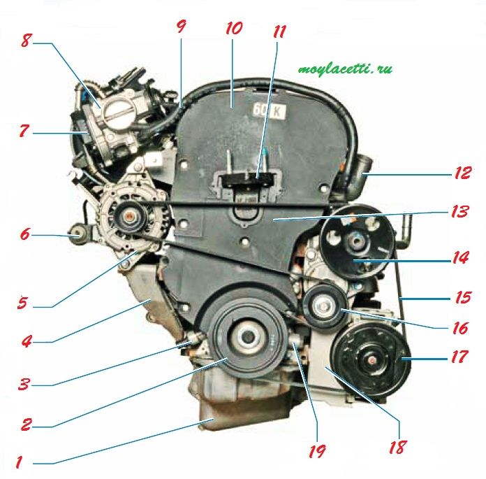 Двигатель Шевроле Лачетти (вид справа по ходу автомобиля)